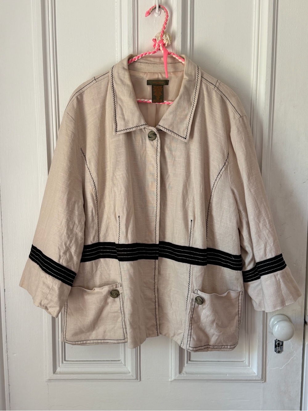 Women’s Anne Carson Linen Blend Lined Button Front Cream/Black Jacket Size 3X